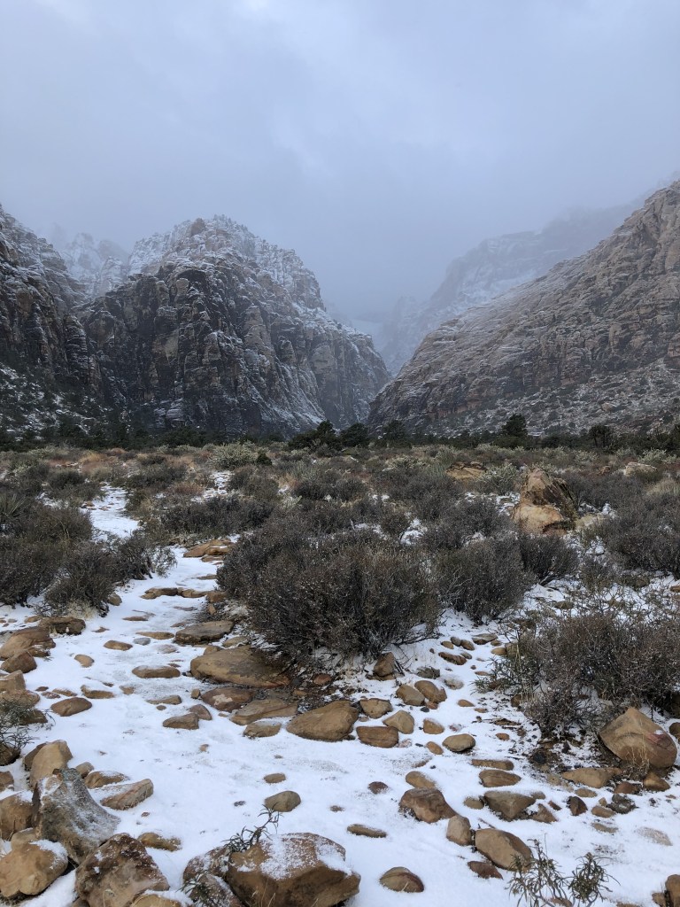 The rocks of Ice Box Canyon covered in snow fall.