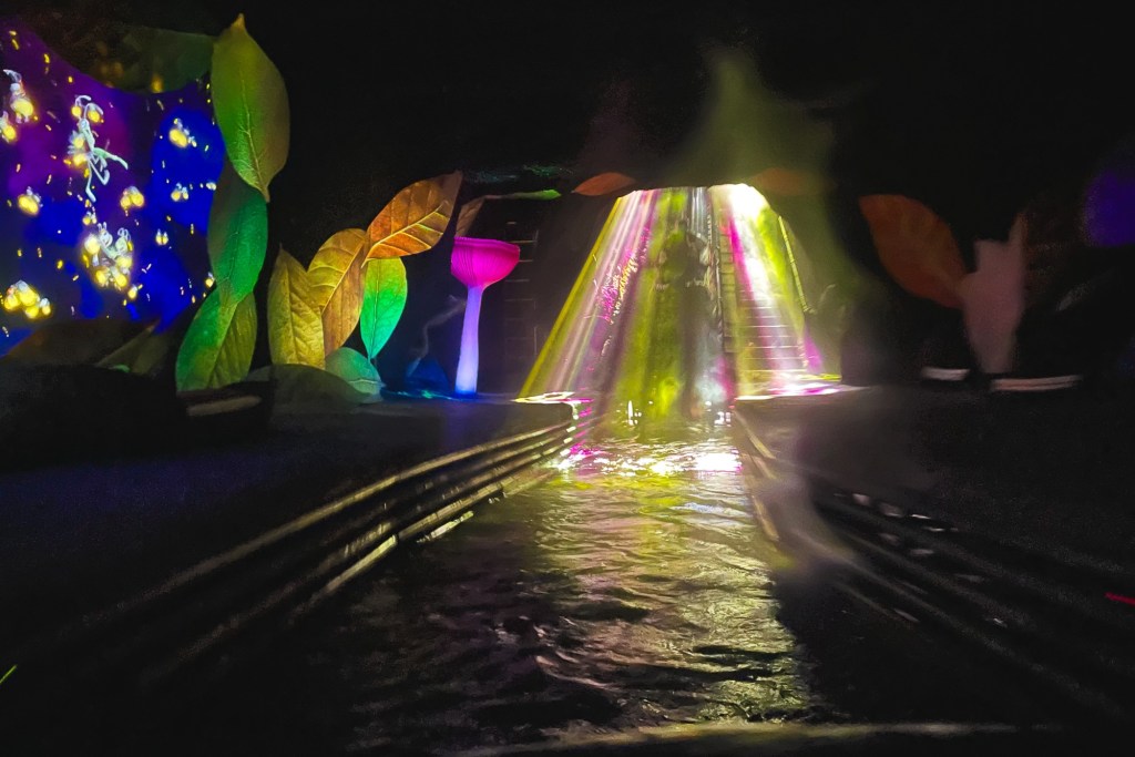 Inside the ride, before entering the large drop, colorful lights decorate an otherwise dark space known as the "nighttime bayou" in the ride.